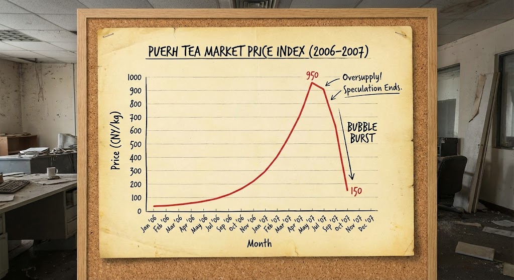 graph showing dramatic rise and crash of puerh tea prices 2005-2008