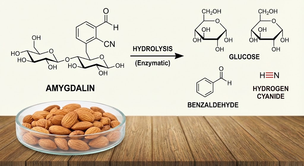 Apricot kernels next to teacup with chemical structure of amygdalin breaking down to cyanide.
