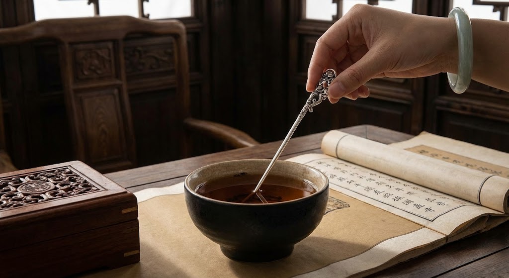 silver needle being inserted into tea cup ancient Chinese poison detection ritual myth