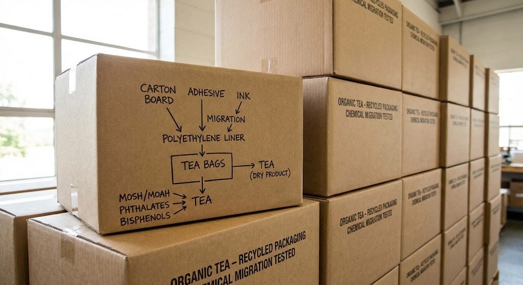 recycled cardboard tea shipping boxes with chemical migration diagram
