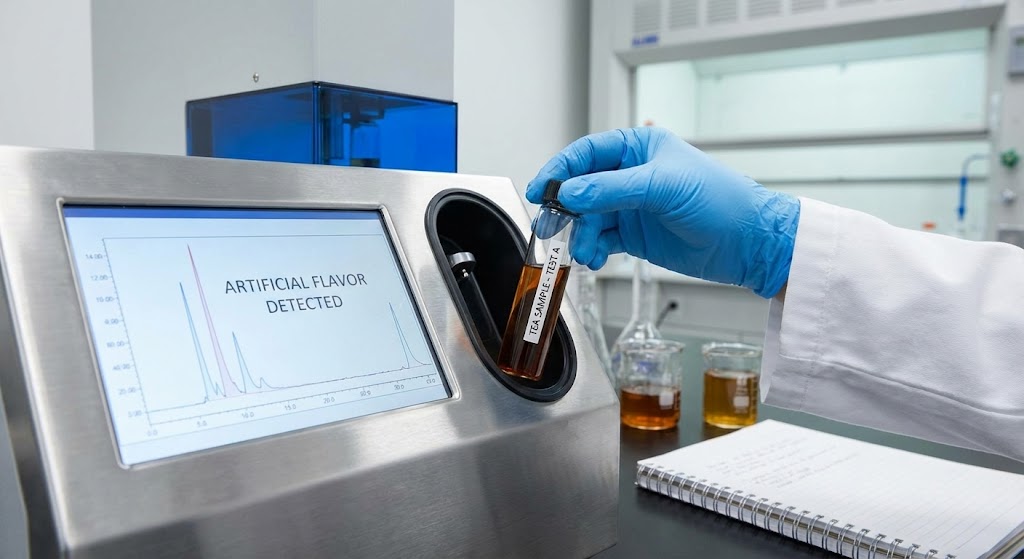 clear glass showing tea with visible oil slick floating on surface