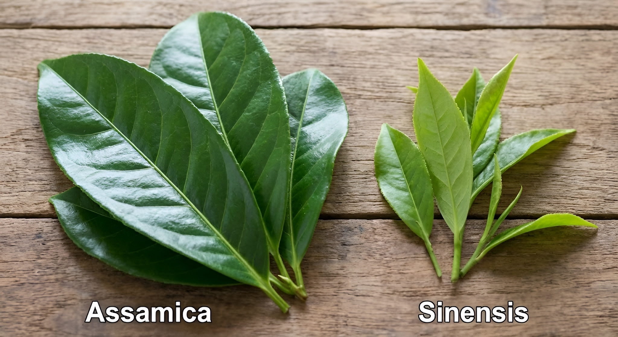 Close up of large, glossy Assamica tea leaves on the bush.