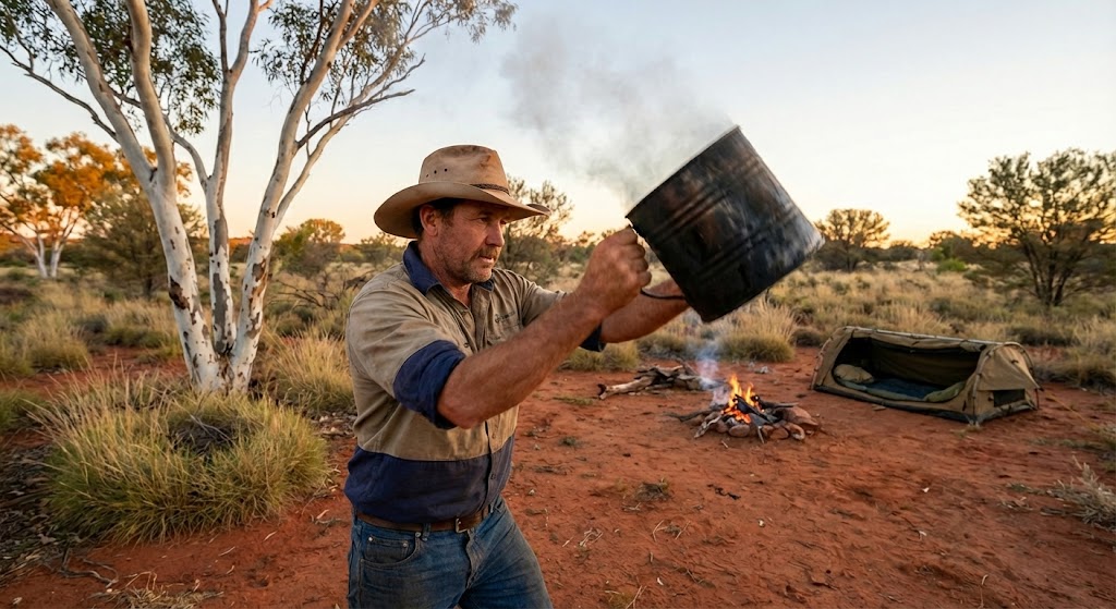 tin billy can being swung overhead Australian outback centrifugal force tea brewing