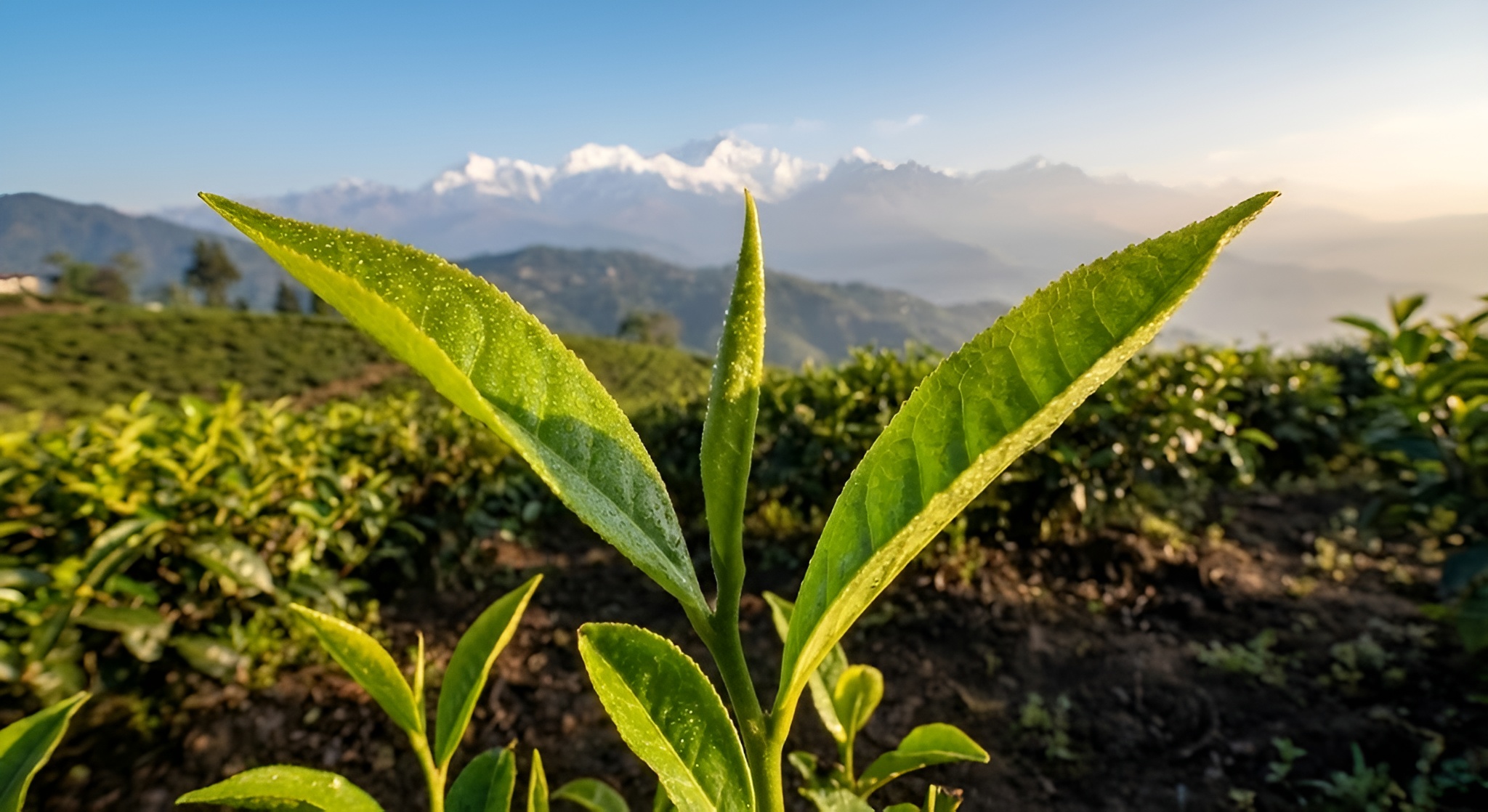 Two tender leaves and a bud of AV2 tea in Darjeeling with the Himalayas in background.