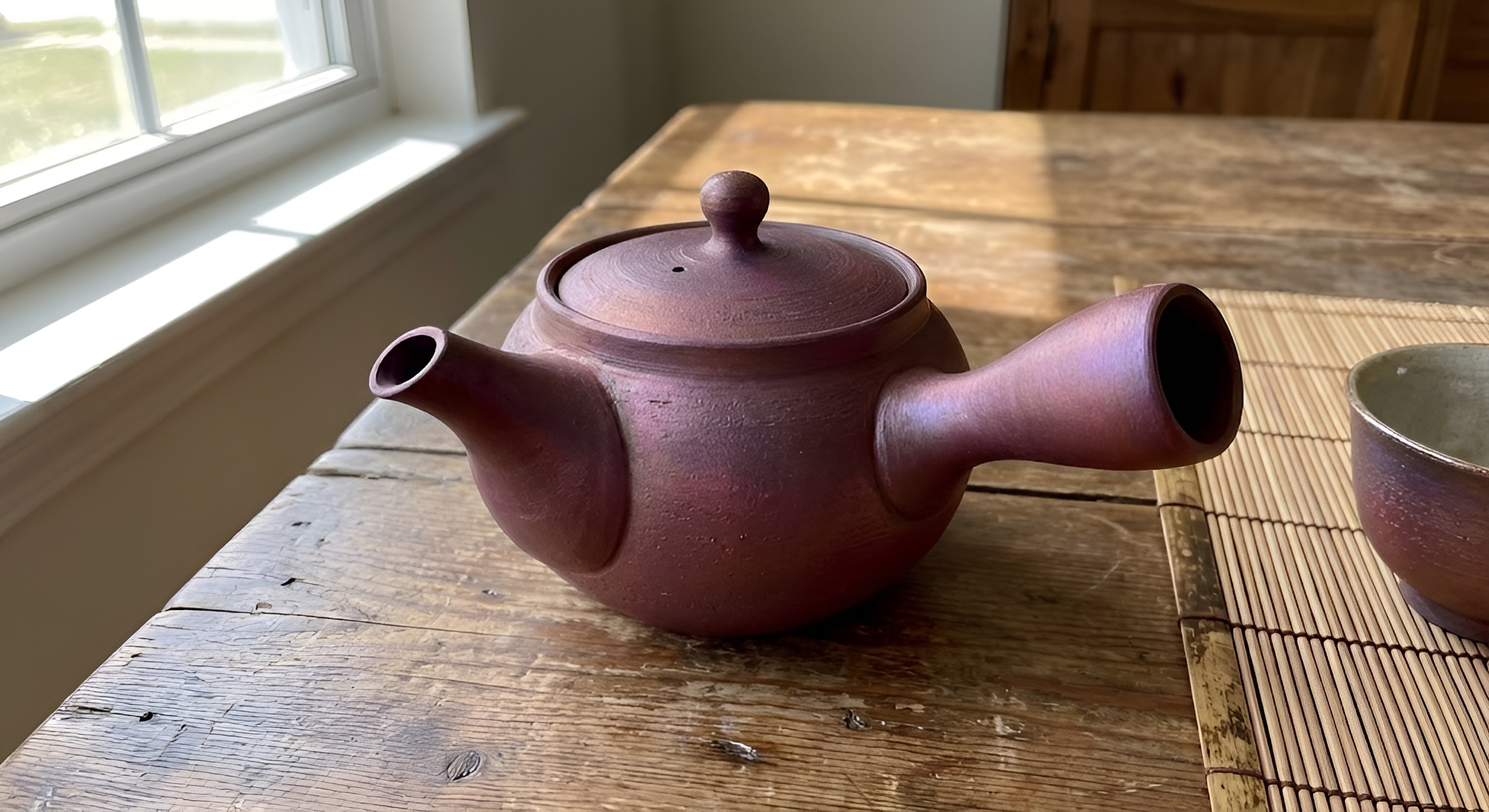 A purple Banko ware teapot with a side handle sitting on a wooden table.