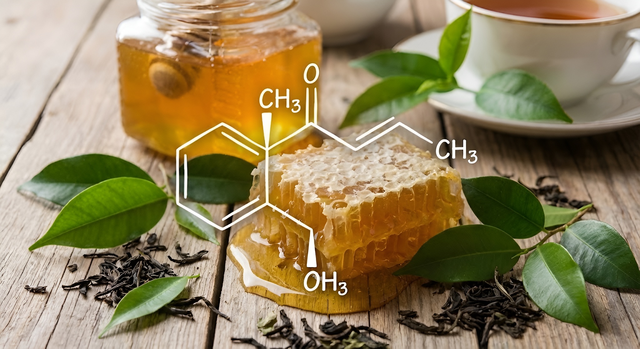 Molecular diagram of Beta-Damascenone overlaid on honeycomb and tea leaves.