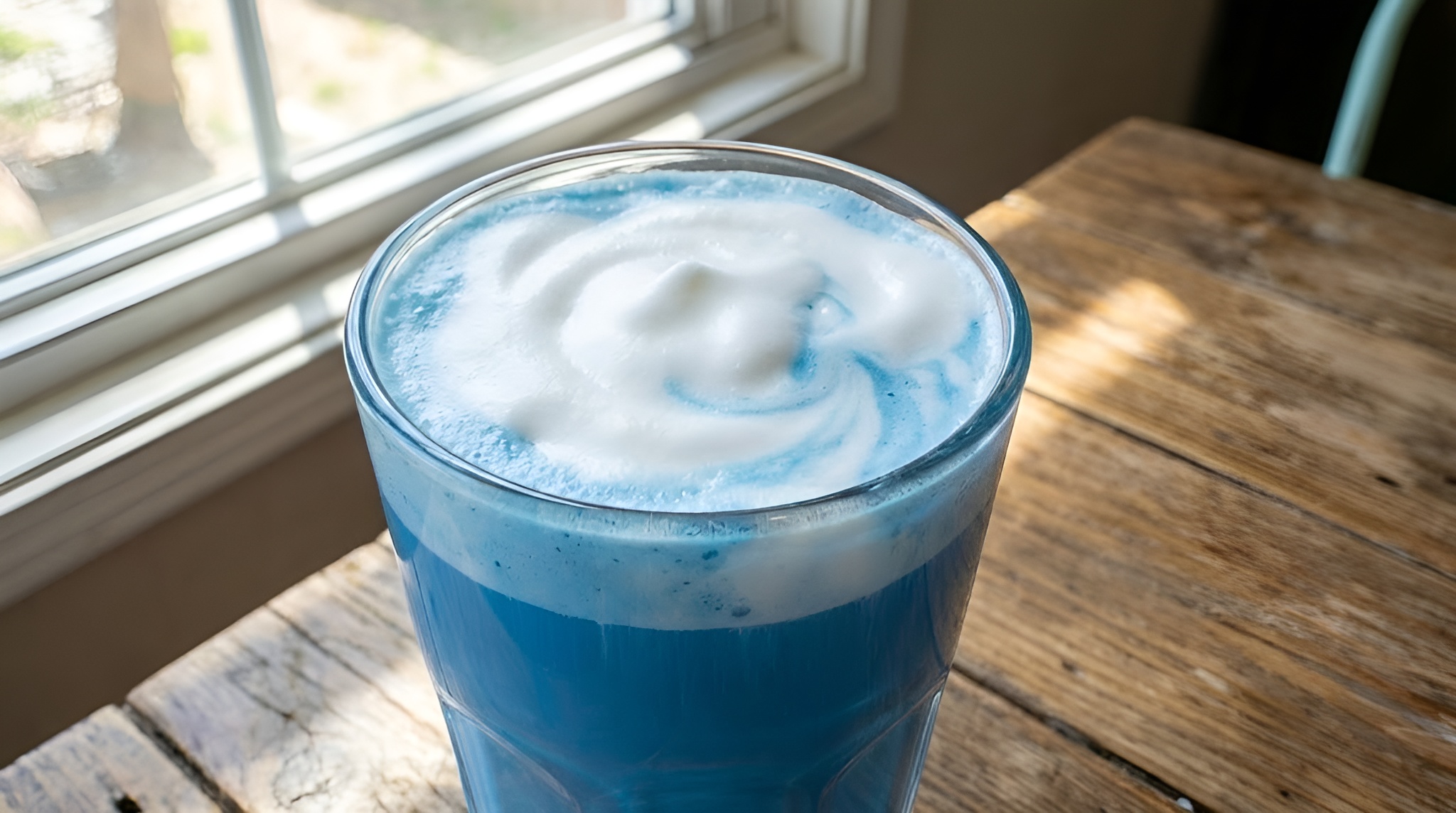 A glass of bright blue milk tea topped with white fluffy cold foam, swirling, sunlight, 4k