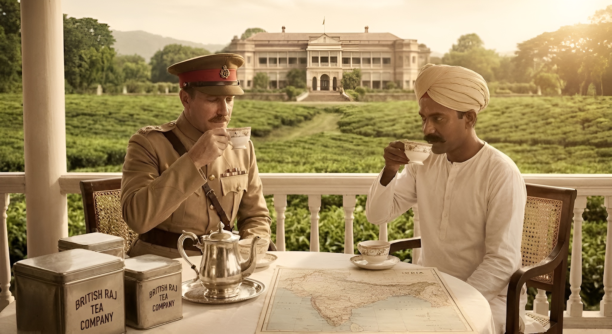 Vintage illustration of a British tea plantation in India during the Raj era showing workers picking tea.