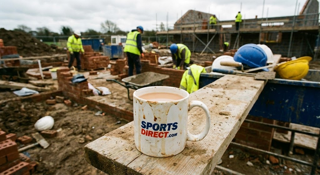 large mug of strong milky tea on construction site with hard hat