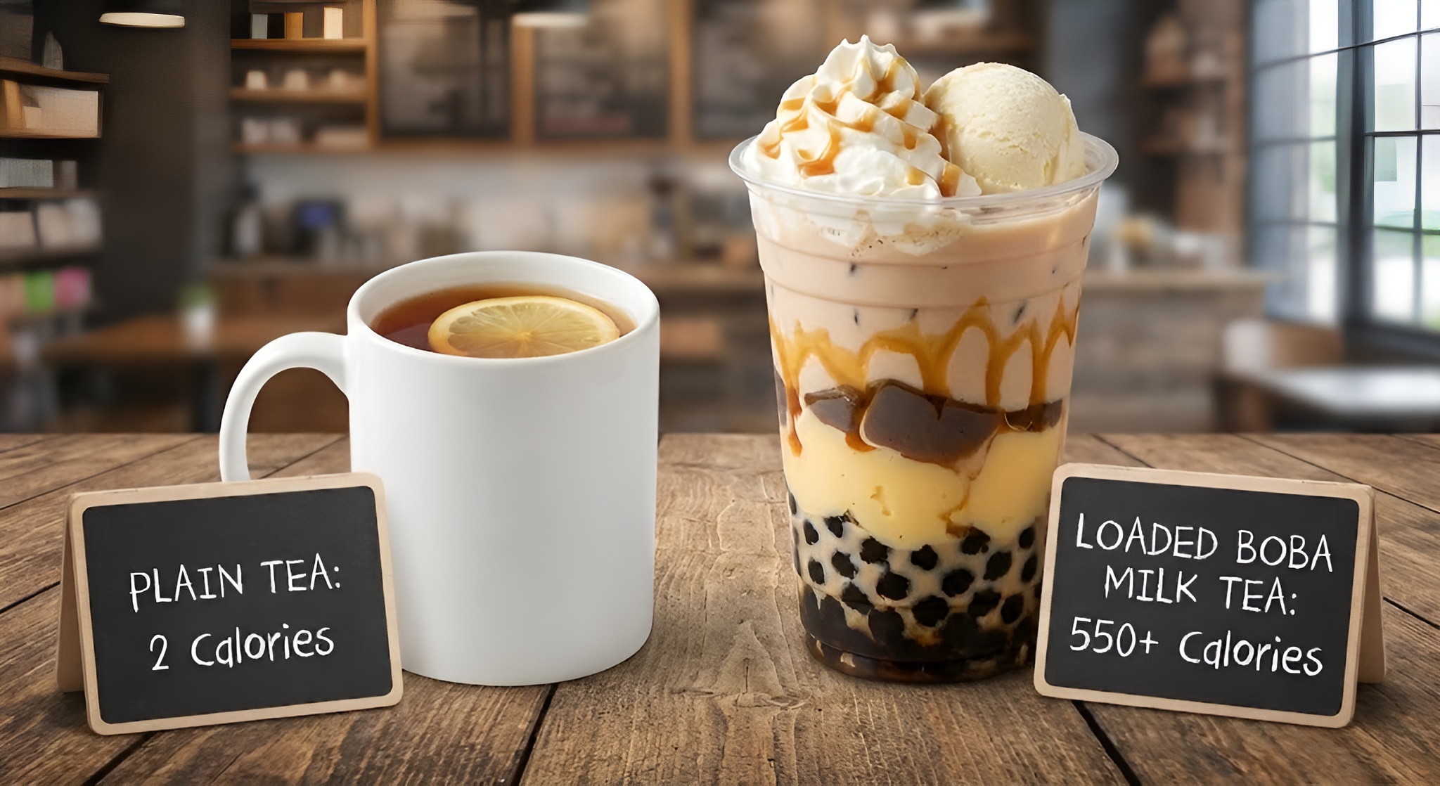 A calorie comparison showing a plain cup of tea next to a loaded boba milk tea.