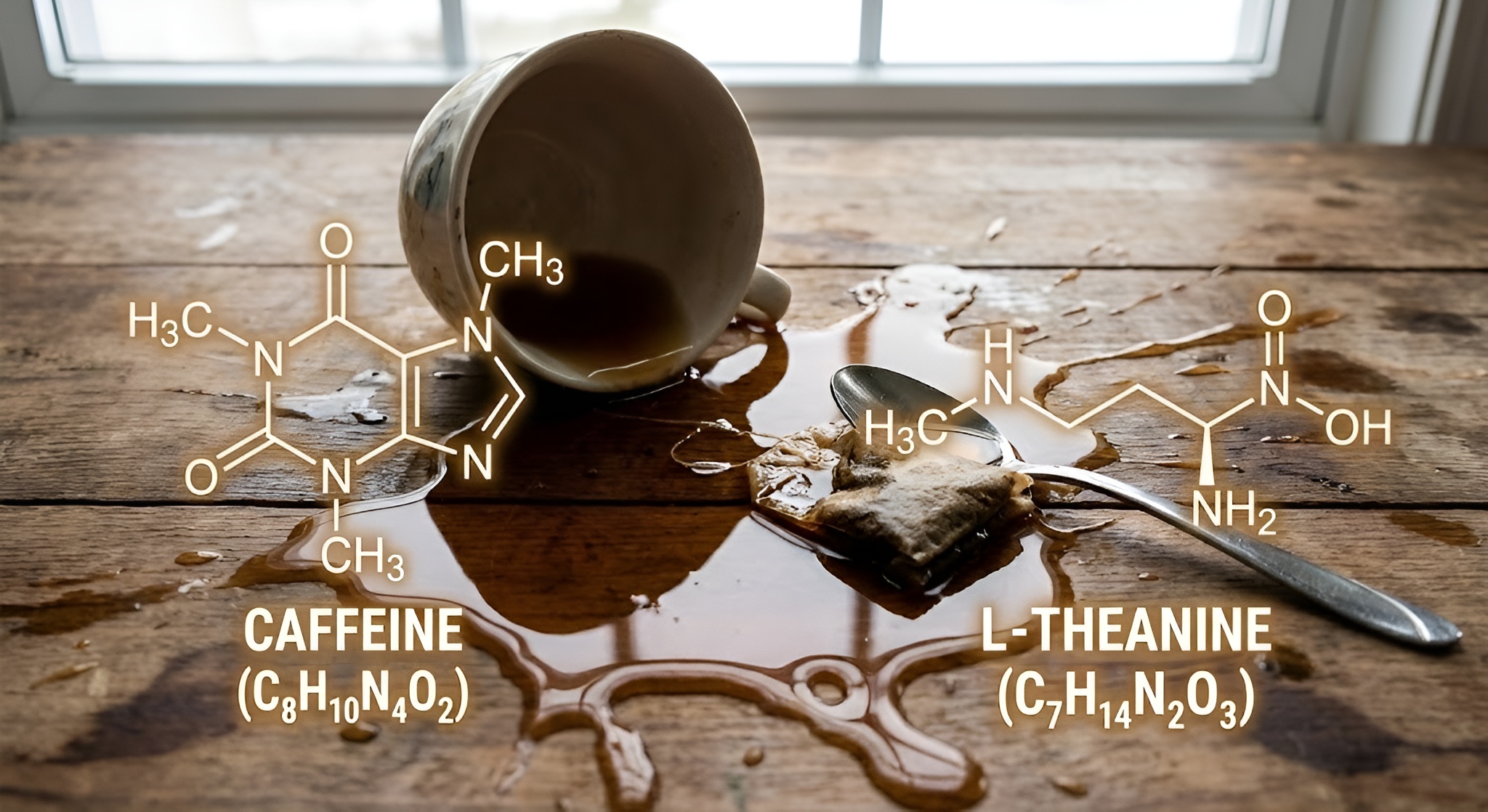 A spilled cup of tea with chemical formulas for caffeine and theanine overlaying it.