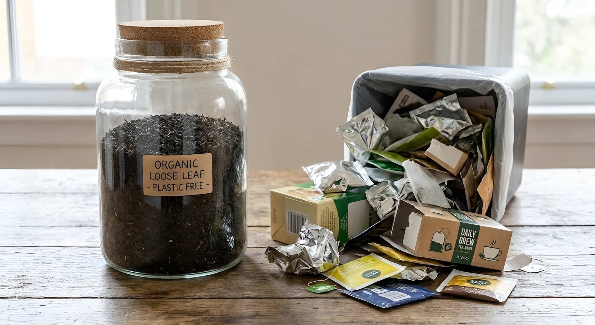 A sustainable glass jar of loose leaf tea next to a pile of wasteful tea bag packaging.