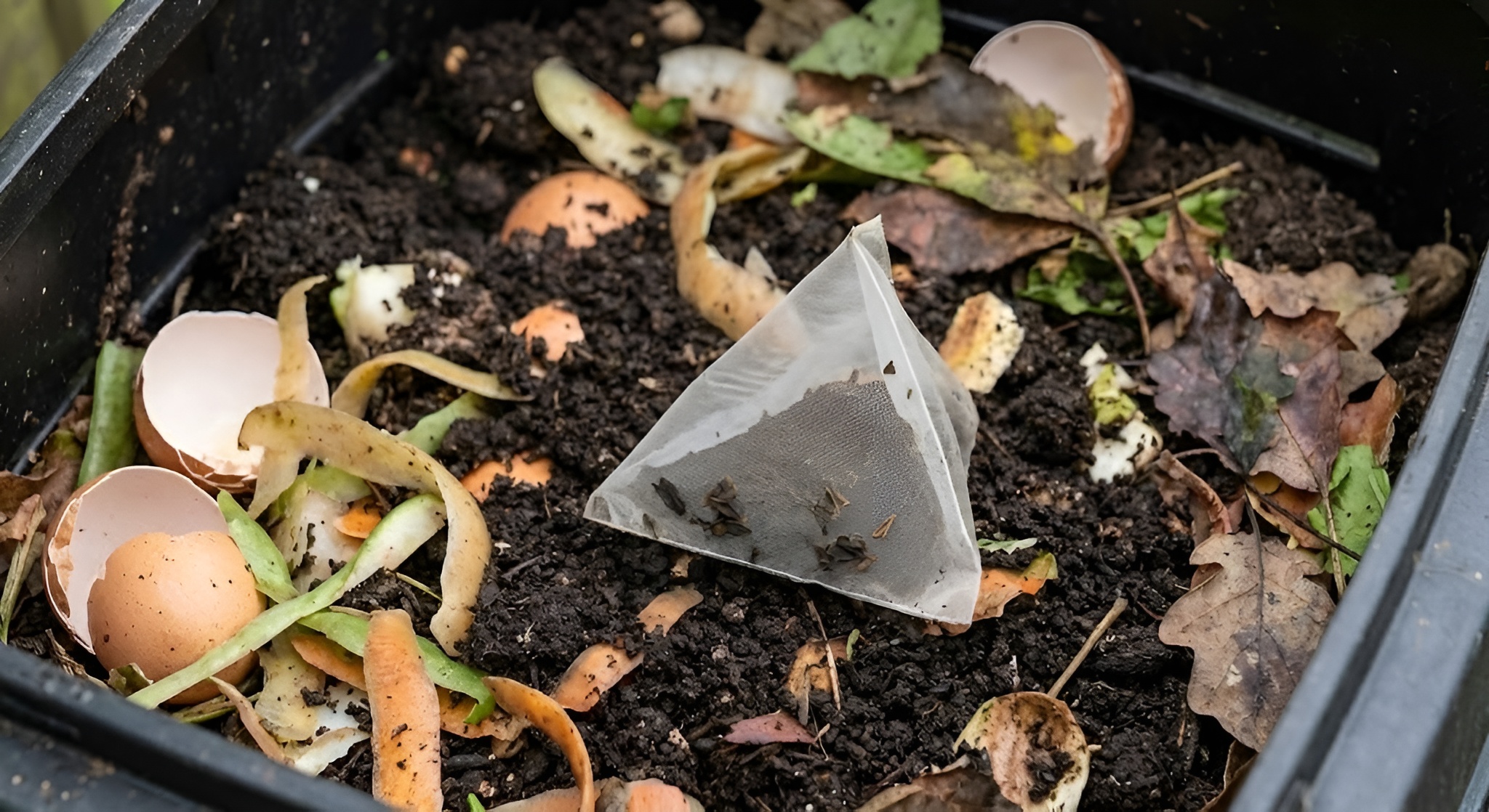 A compost bin showing a non-decomposed pyramid tea bag skeleton.