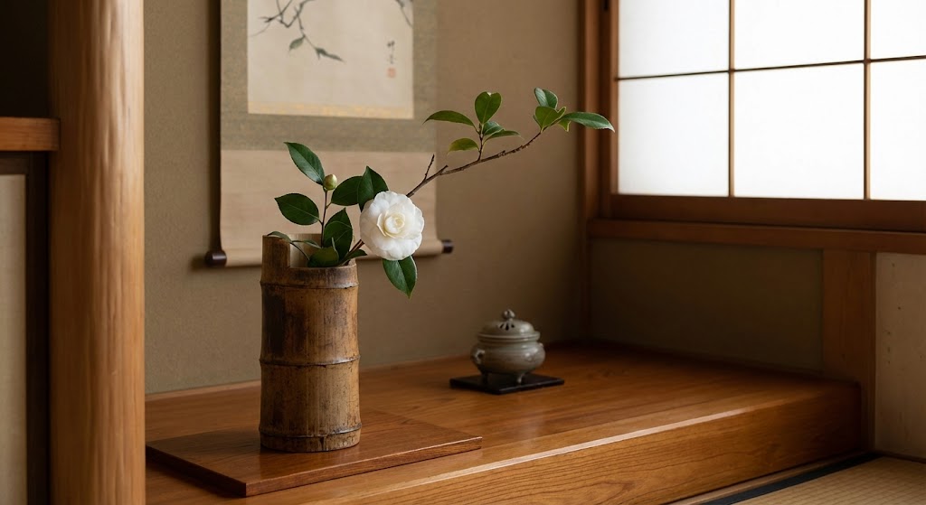 simple chabana tea flower arrangement looking naturally placed in bamboo vase tokonoma alcove