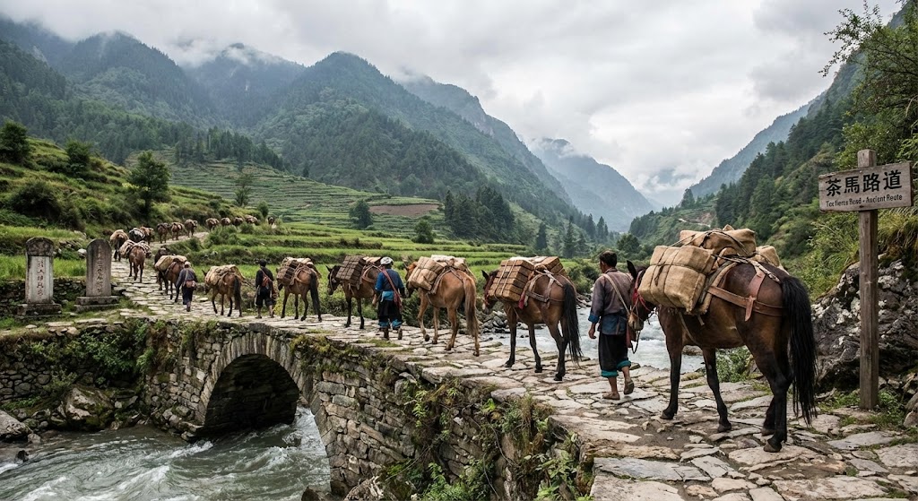 ancient tea horse caravan crossing mountain pass with compressed tea bricks