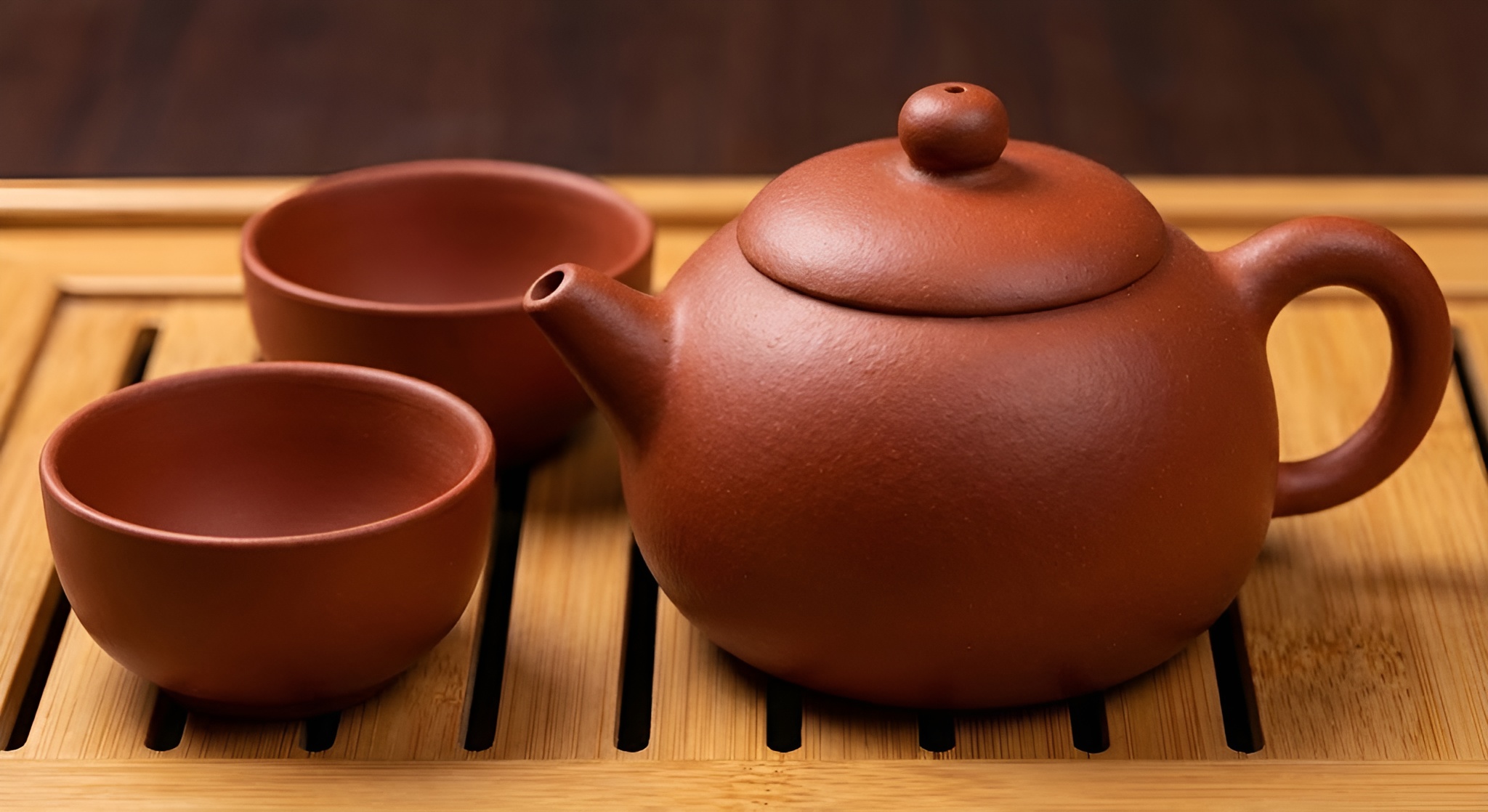 A bright red Chaozhou clay teapot pouring tea into a white cup.