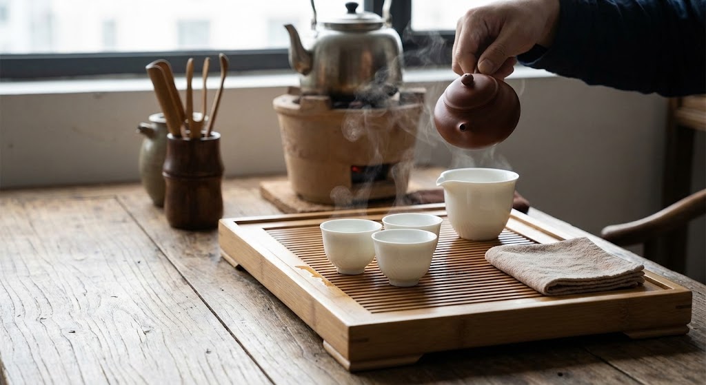 three tiny teacups arranged in triangle formation Chaozhou gongfu cha ceremony