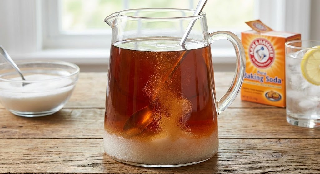 pitcher of Southern sweet tea showing sugar supersaturation with baking soda neutralization