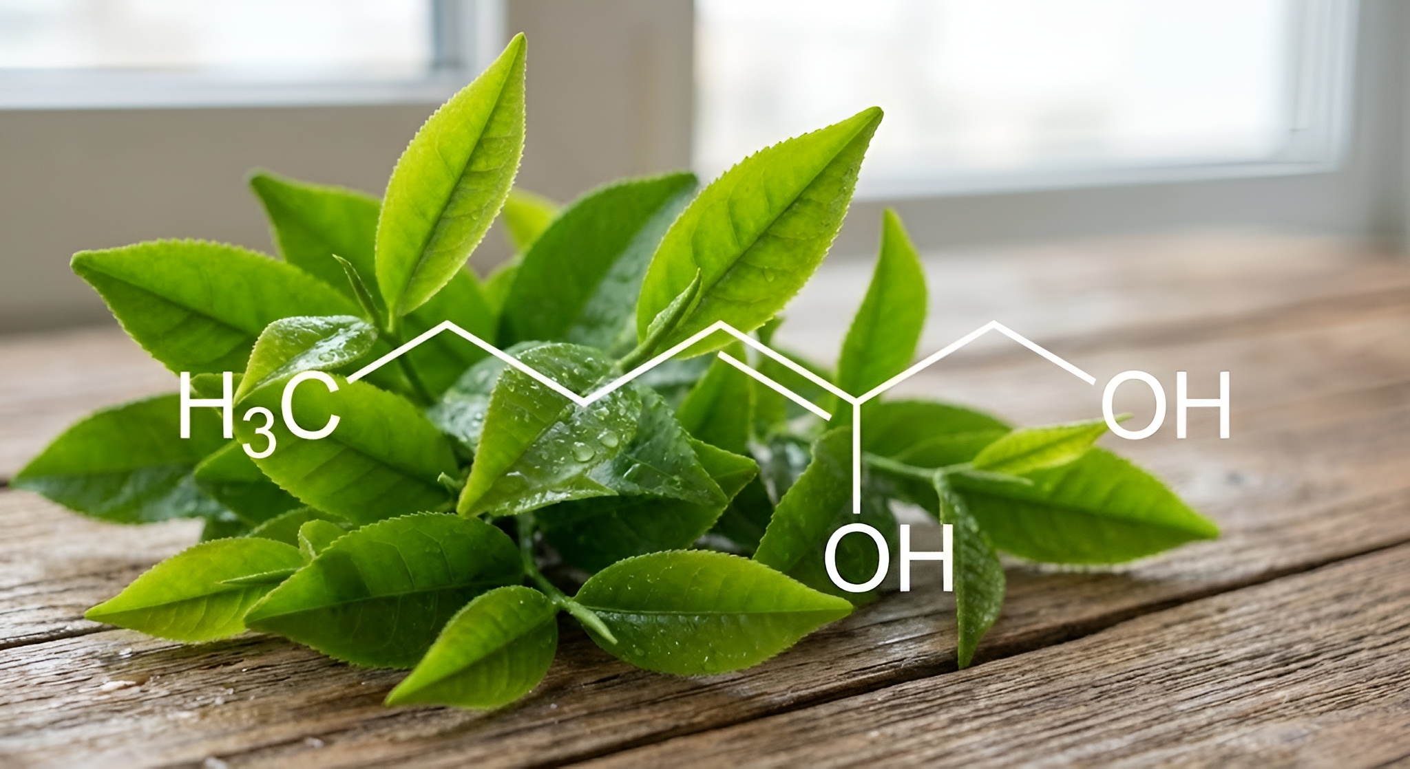 Molecular structure of Cis-3-Hexenol overlaid on fresh Japanese tea leaves.
