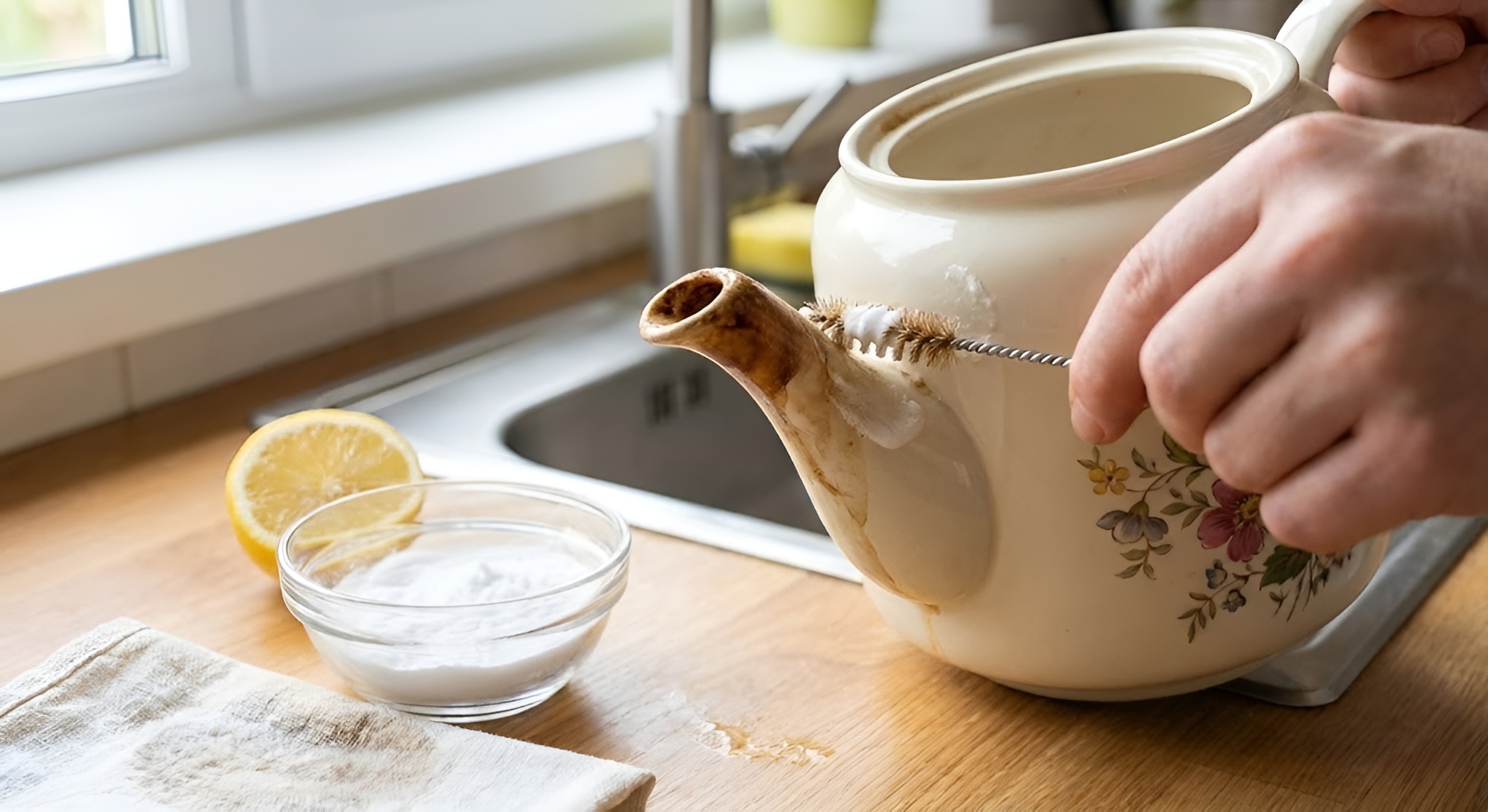 A close-up of a dirty teapot spout being cleaned with a specialized pipe cleaner brush.