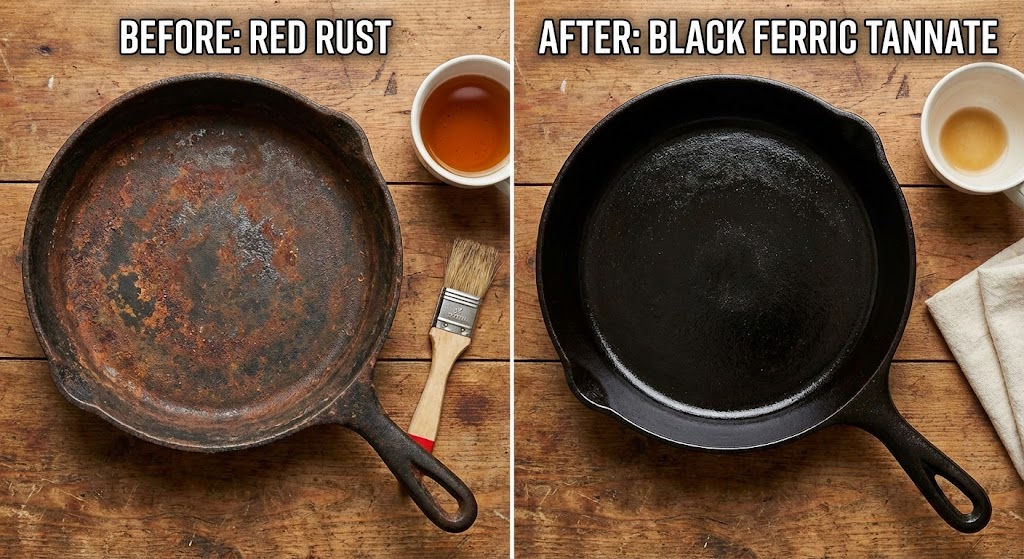 cast iron pan with red rust before tea treatment and black ferric tannate coating after