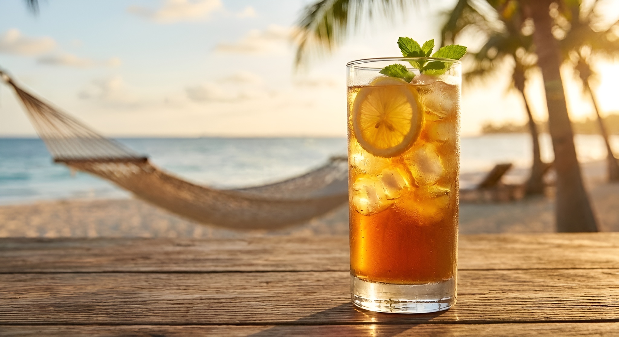 A tall glass of perfectly iced tea in a summer setting.