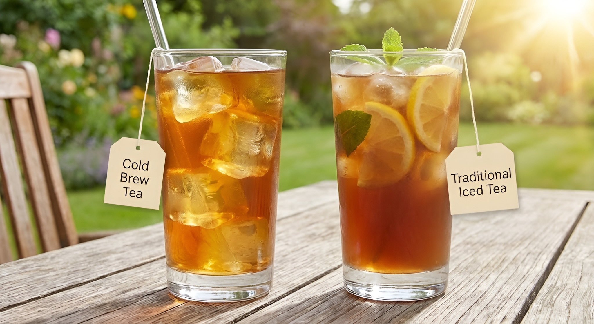 A glass of clear cold brew tea next to a glass of cloudy traditional iced tea.