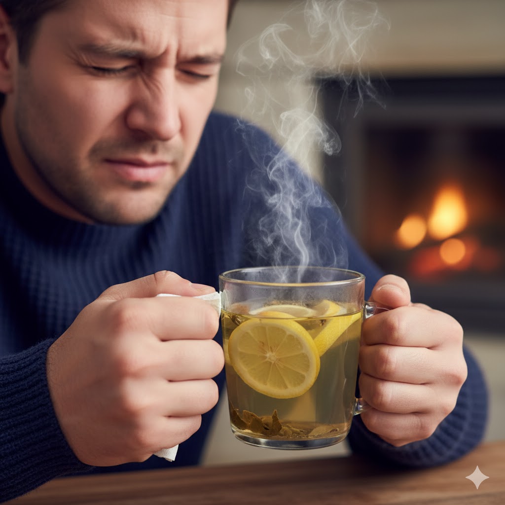 A man visibily with a cold about to sneeze with a lemon and ginger tea in a clear glass mug grasped in his hands.
