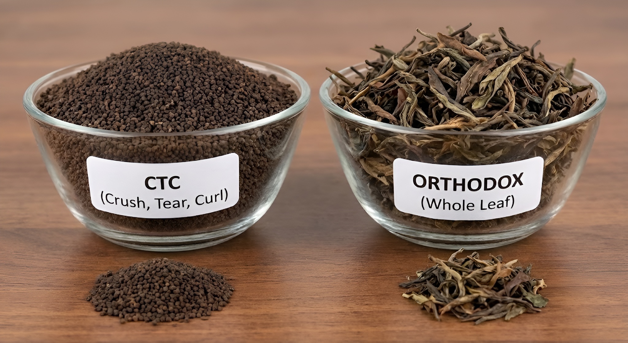 CTC tea bag teas next to a pile of large leaf orthodox teas.