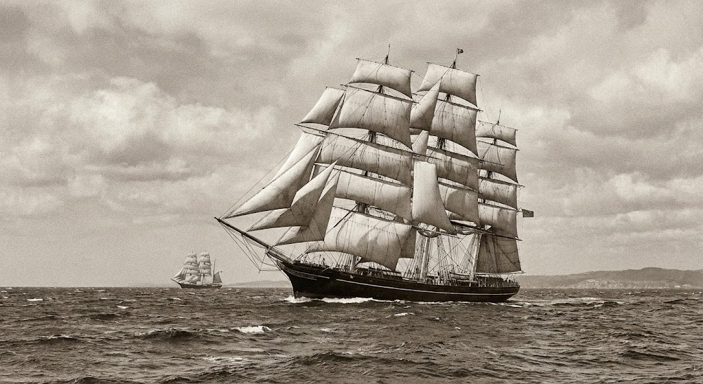Cutty Sark tea clipper ship racing with full sails 1860s China to London route