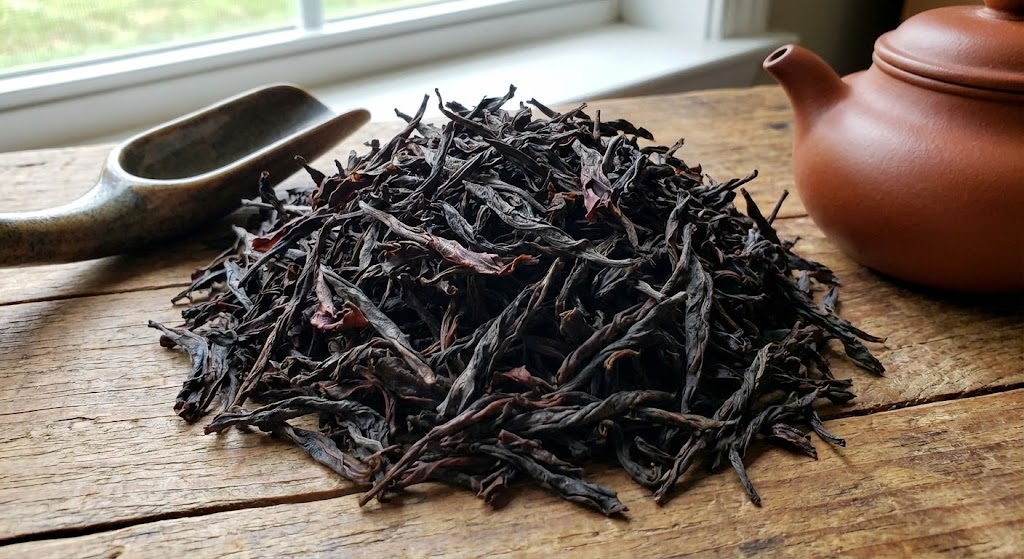 Close-up of dark, roasted Da Hong Pao tea leaves on a Yixing clay surface.