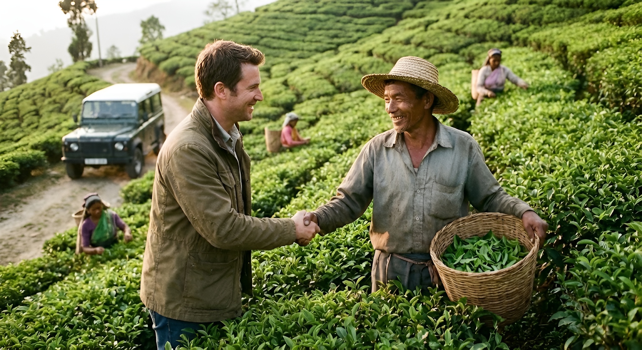 A tea buyer shaking hands with a farmer in a tea field.