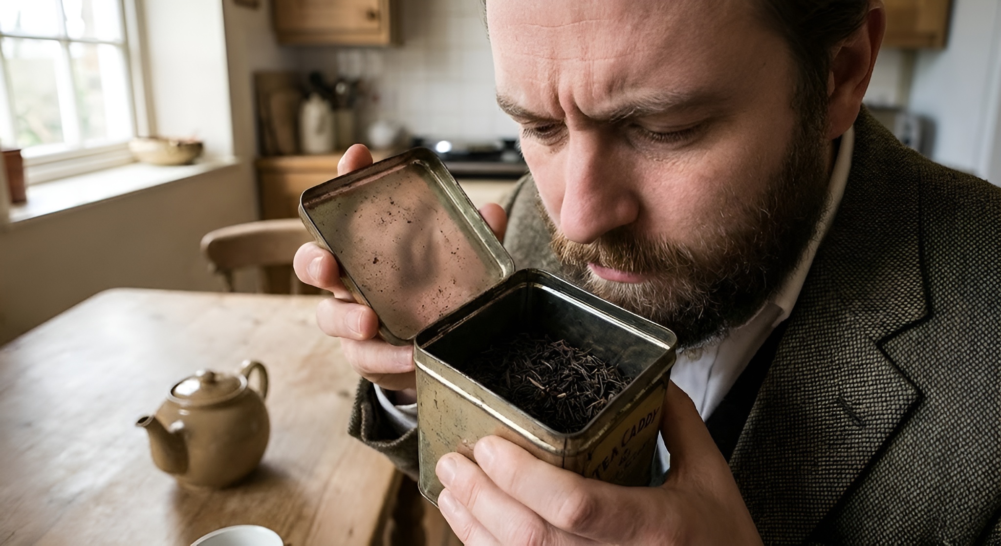 A person sniffing a caddy of tea to check if it has a funny 'gone-off' smell.