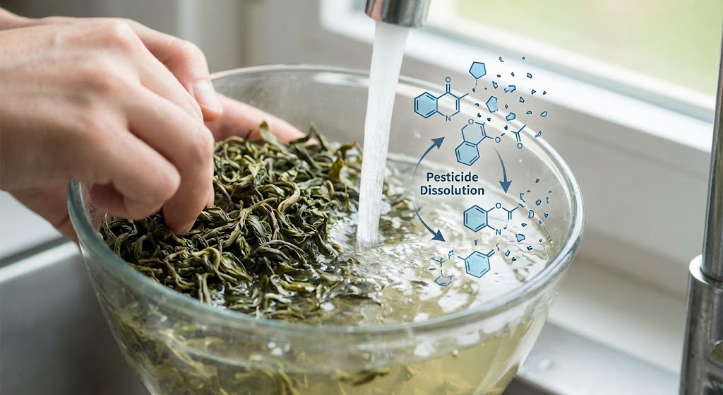 tea leaves being rinsed with water showing pesticide molecule dissolution