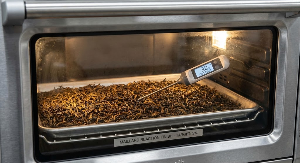 How to dry tea leaves in an oven to 3% moisture without burning