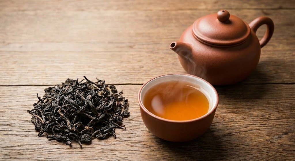 A close-up of long, twisted Dan Cong Oolong tea leaves on a porcelain plate.