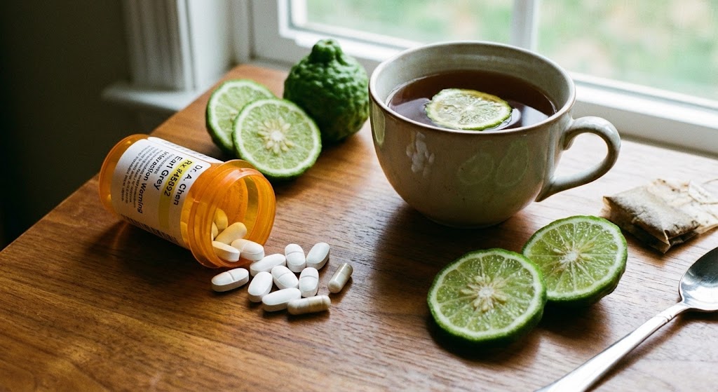 Prescription pill bottle tipped over next to Earl Grey tea cup with bergamot fruit slices.