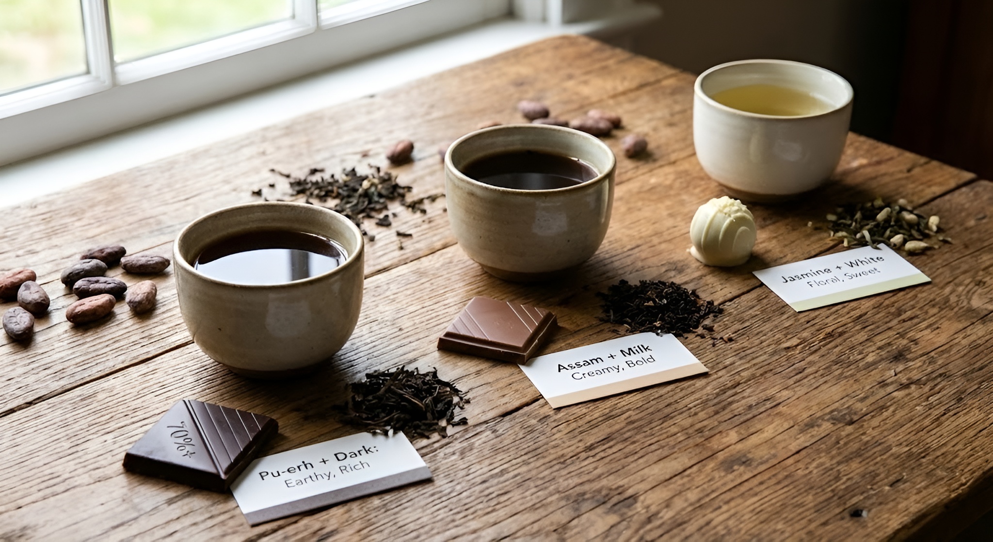 A square of dark chocolate resting on a saucer next to a cup of Earl Grey tea.