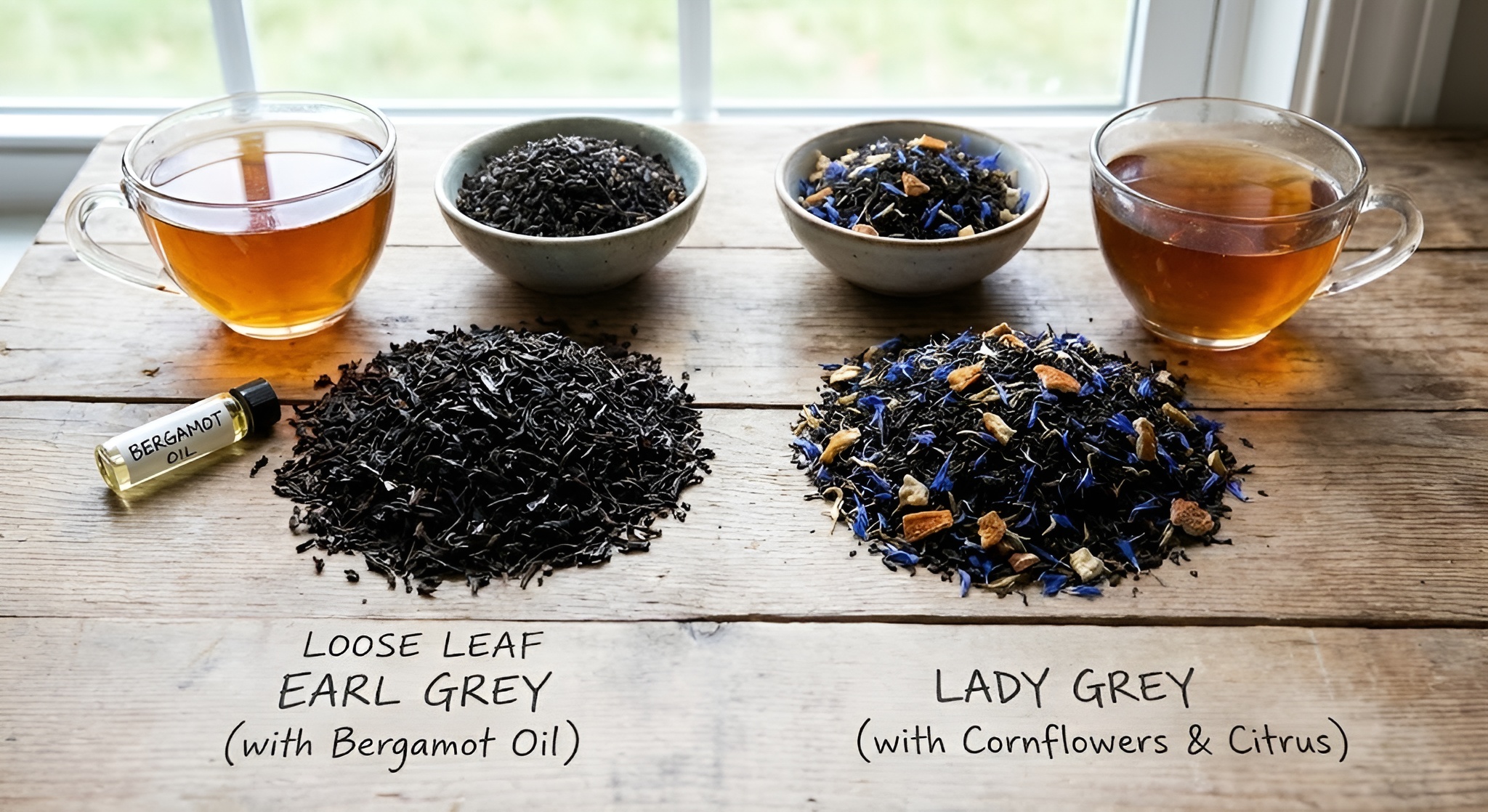 a side by side comparison of earl grey tea versus lady grey, with an orange and bergamot next to each cup.