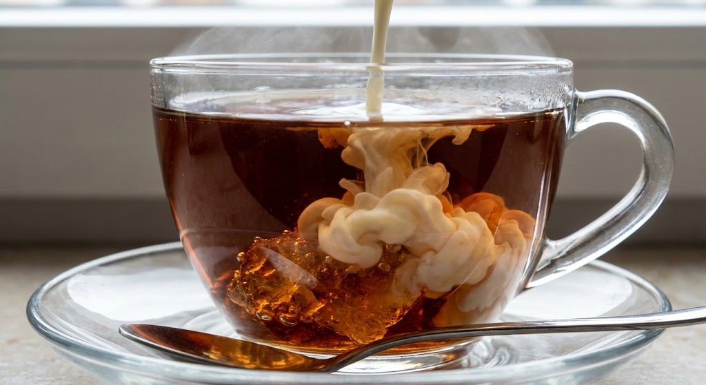 Kluntje rock sugar cracking in teacup with cream cloud formation Wulkje pattern