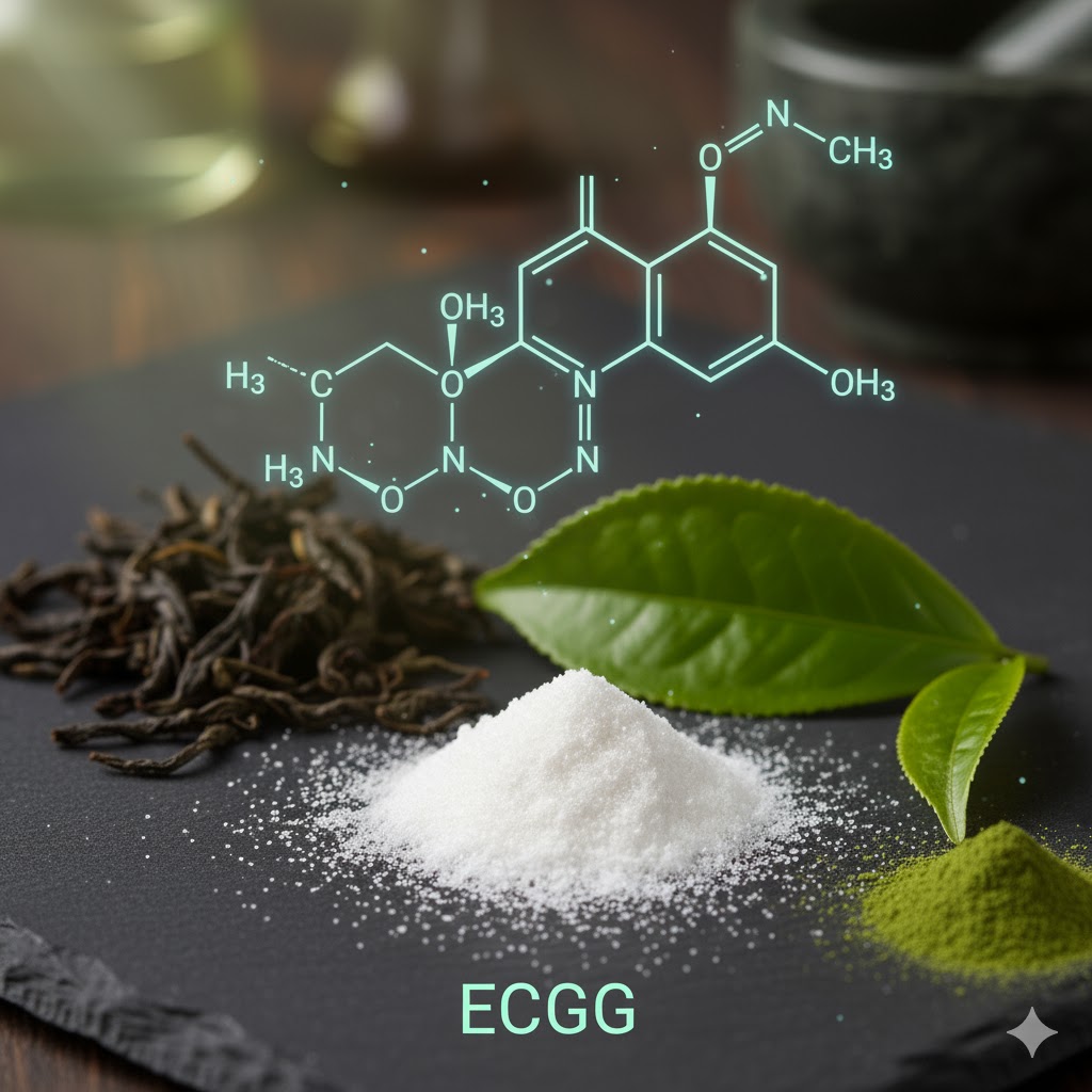 an image of chemical compound egcg with tea leaves next to it.