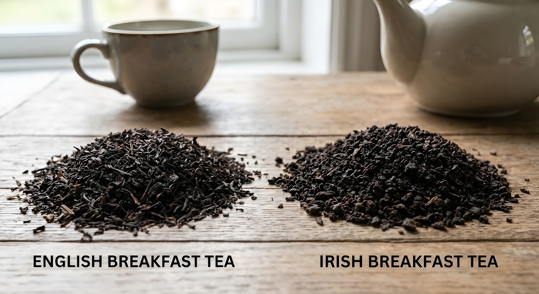 A side-by-side comparison of English Breakfast tea leaves and Irish Breakfast tea leaves.