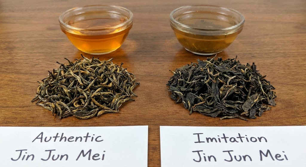 comparison of real jin jun mei buds vs fake unfurled leaves