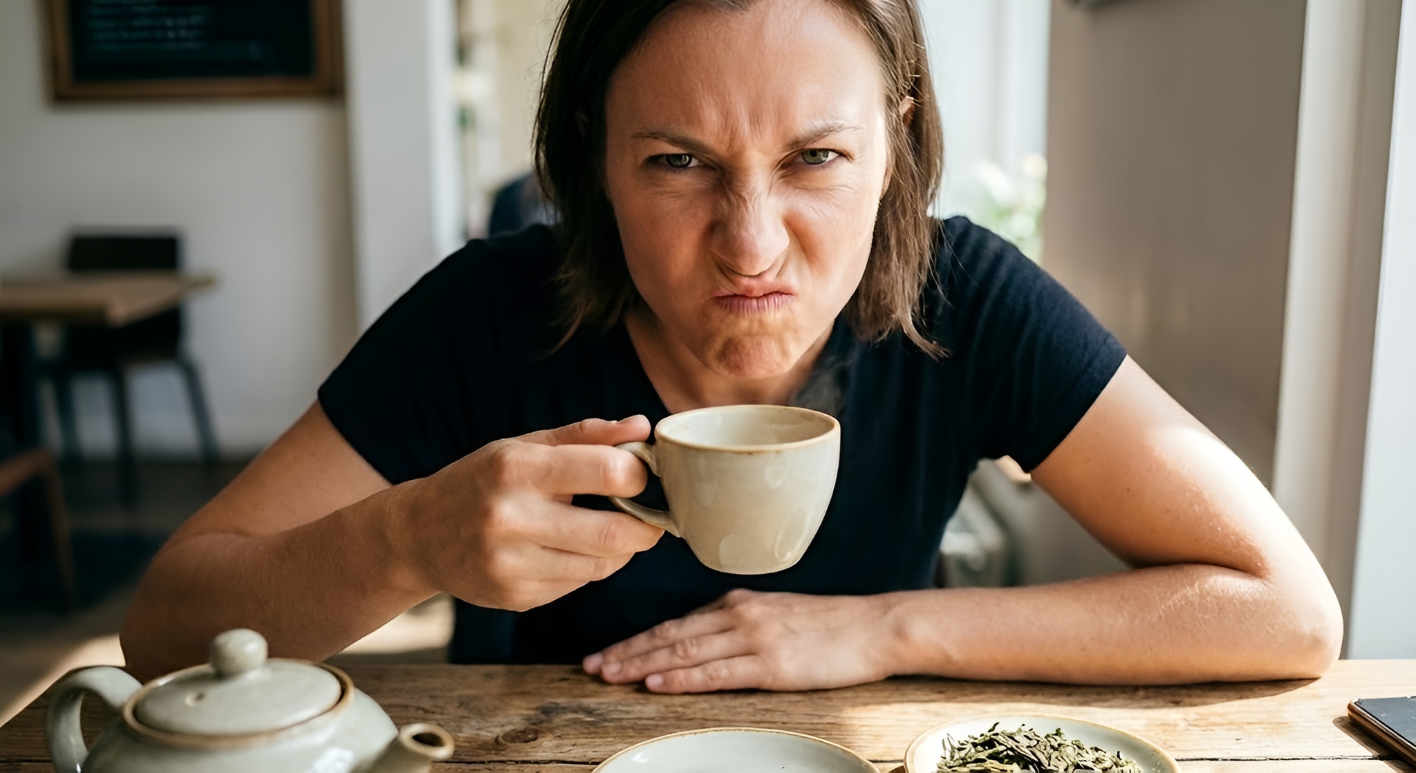 a woman with a sharp look after sipping a very bitter green tea.