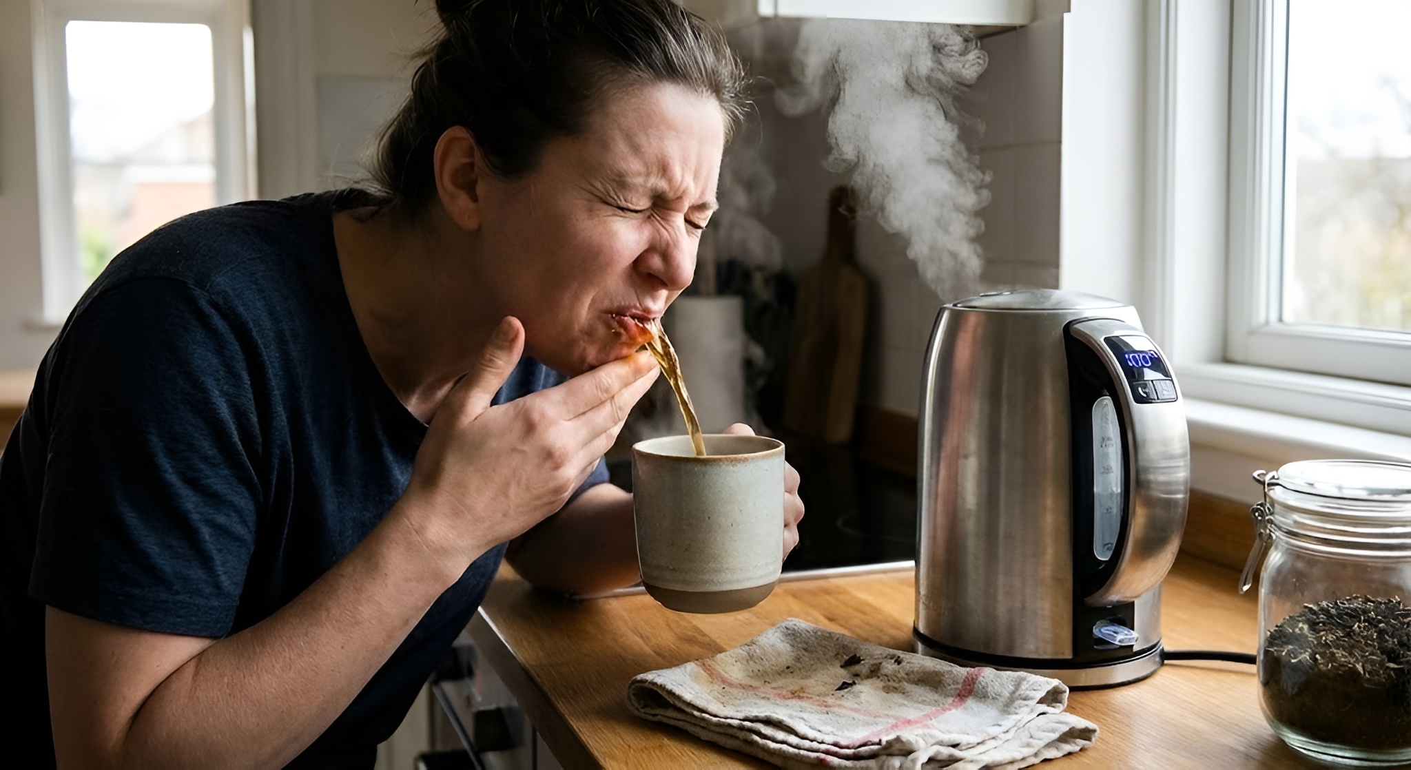 A person reacting negatively to a bitter cup of tea next to a kettle boiling at 100 degrees.