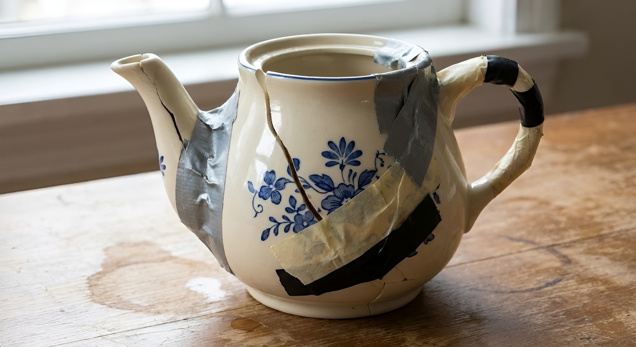 picture of a cracked teapot with tape over it poorly done in an attempt to fix it.