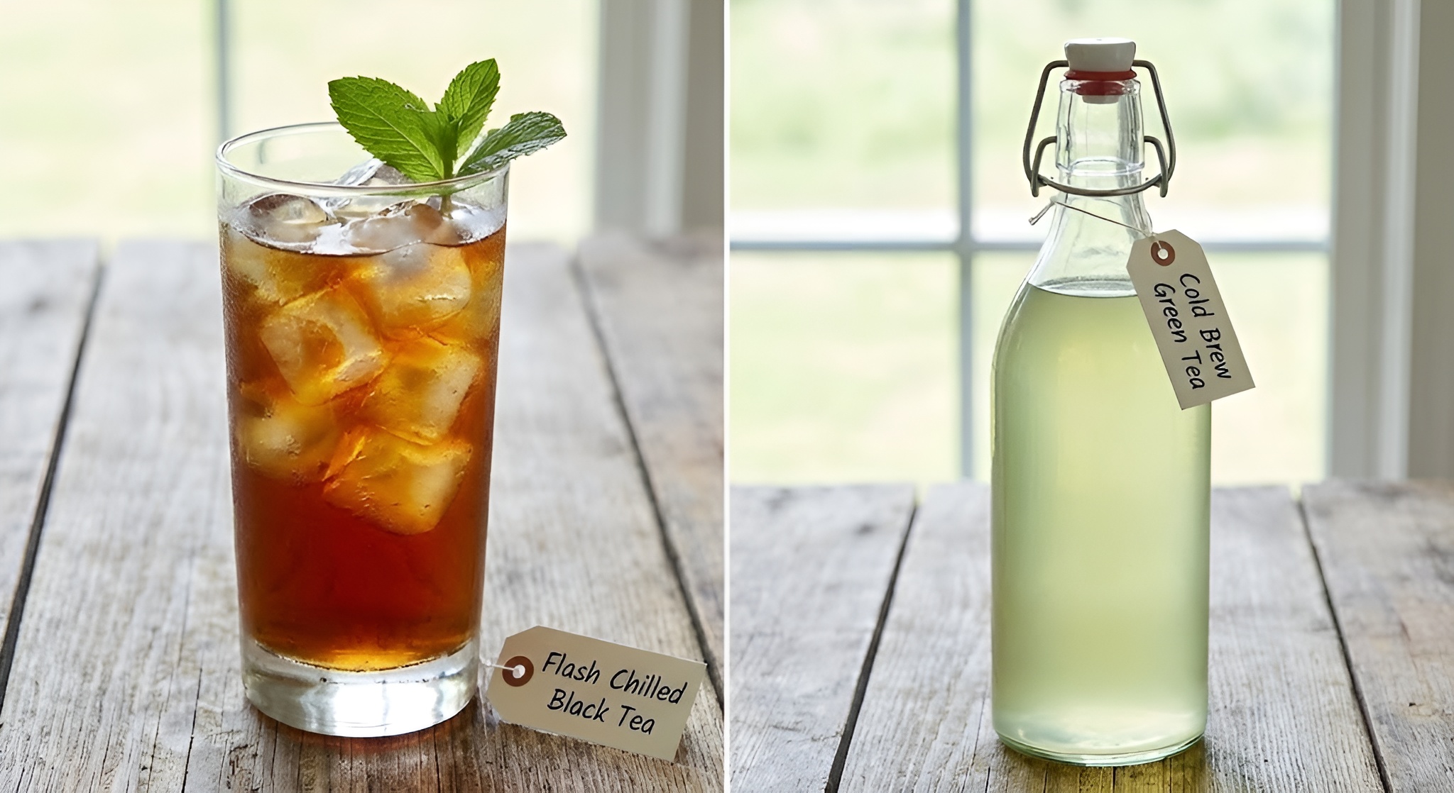 A side-by-side of a glass of amber flash chilled tea with ice vs a bottle of pale green cold brew.