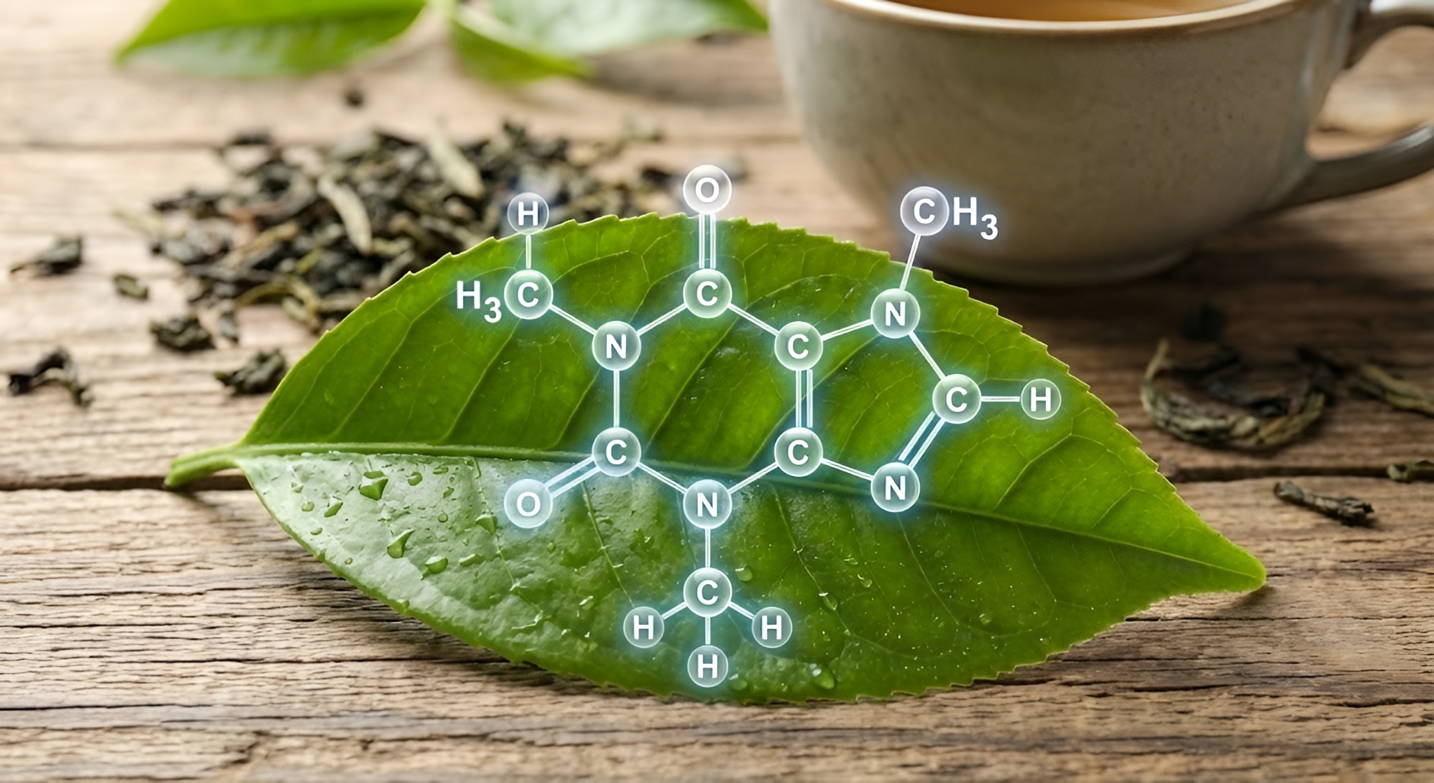 A molecular structure diagram overlaid on a tea leaf.