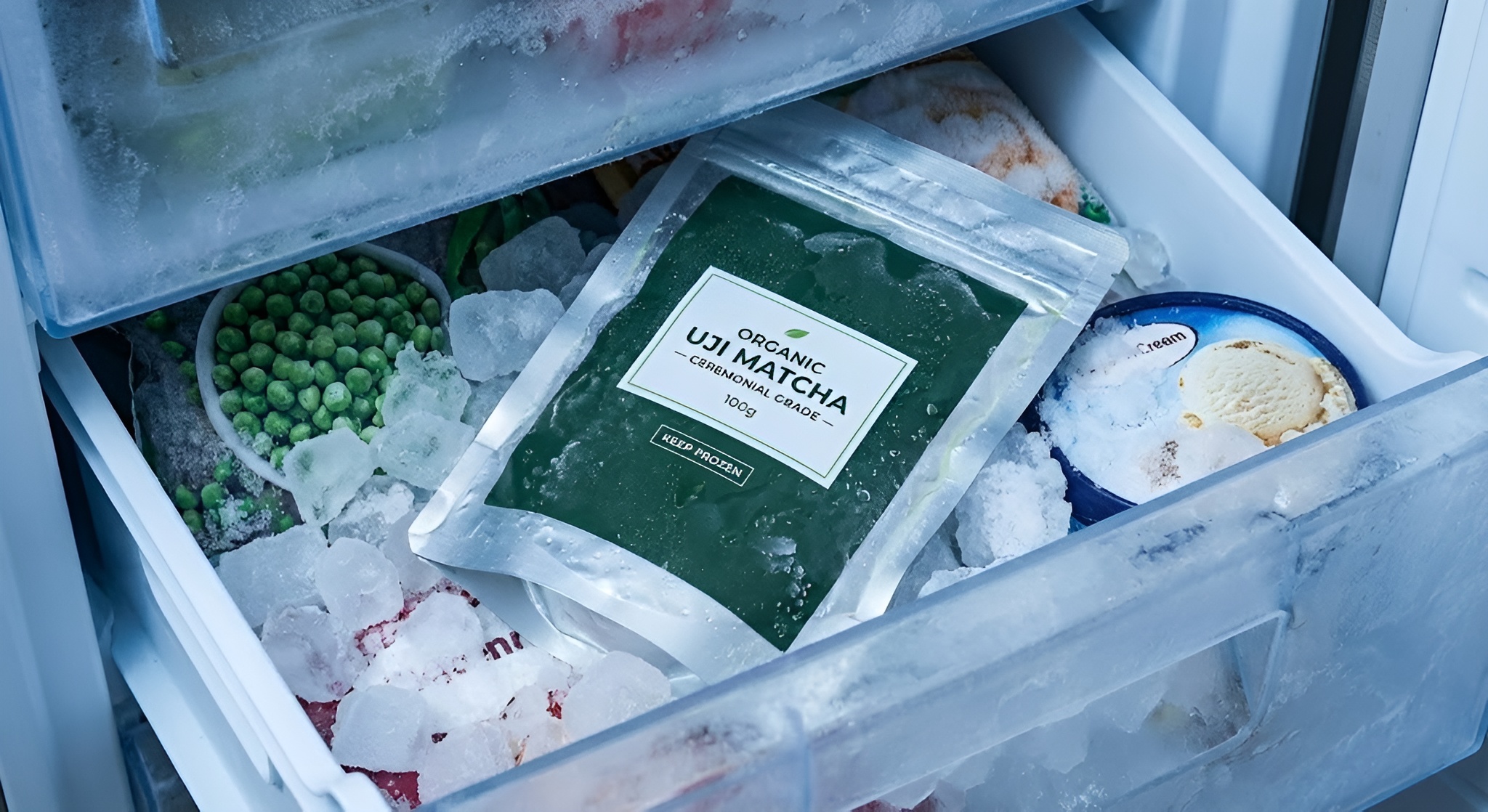 A bag of vacuum sealed matcha sitting in a freezer drawer full of ice.