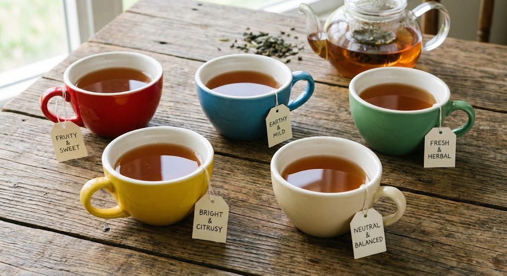 identical tea in cups of different colors: red, white, blue, green, showing crossmodal perception